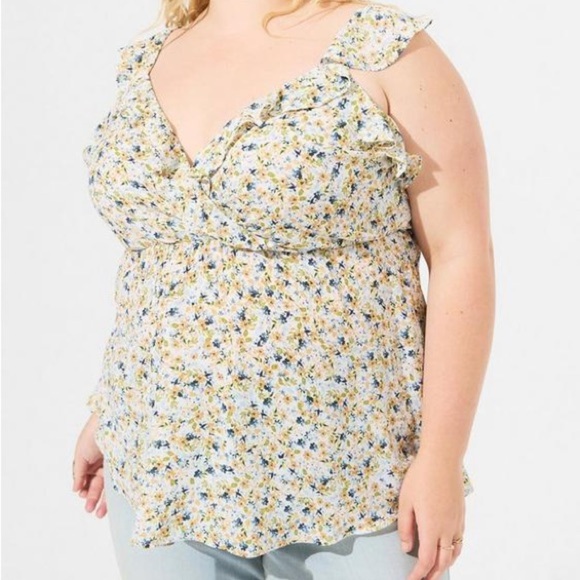 Torrid Peplum Georgette Ruffle Surplice White & Blue Floral Tank Top - Picture 5 of 13